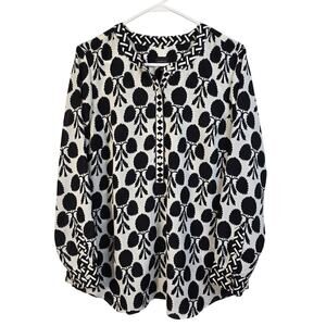 Talbots Band Collar Popover Blouse Women's L Black Cream Career Summer Party